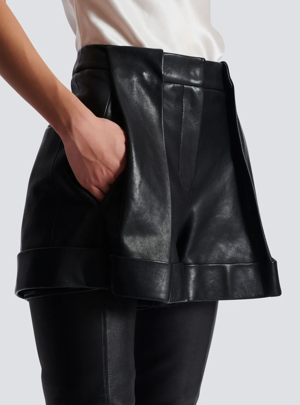 Balmain Turn-Up Hem Pleated Leather Shorts