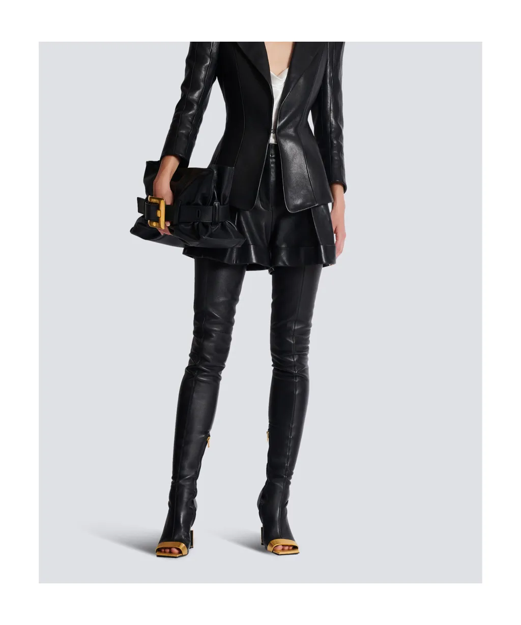 Balmain Turn-Up Hem Pleated Leather Shorts