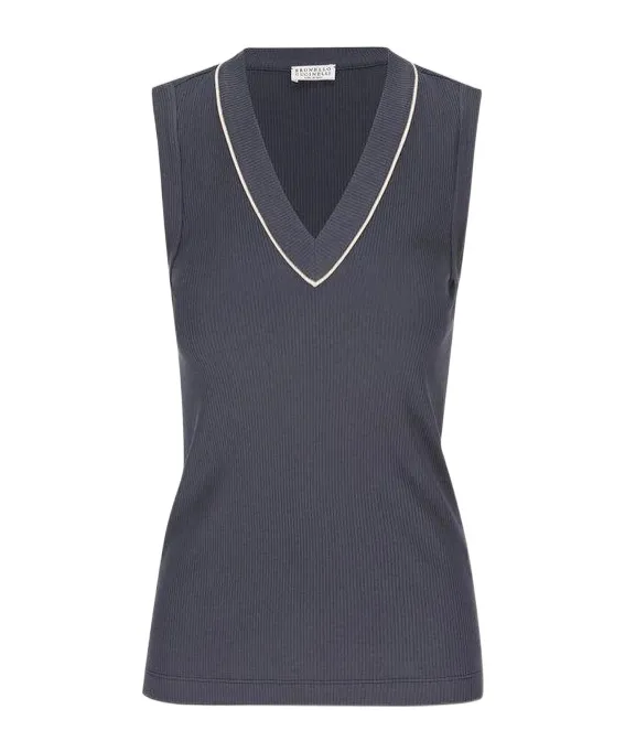 Brunello Cucinelli Shiny Pip Ribbed Jersey Top