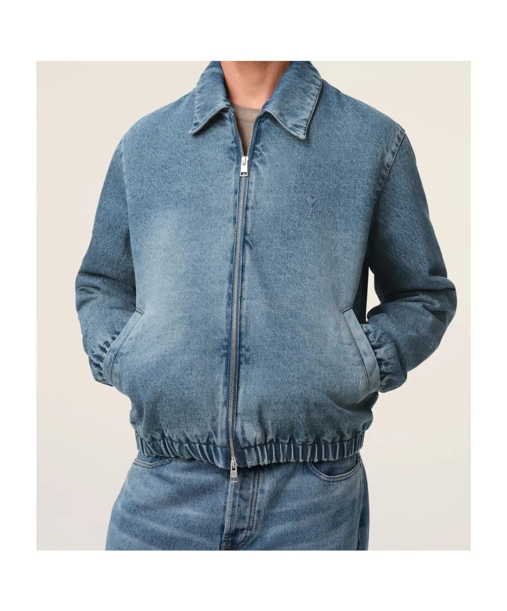 Ami Paris Logo Embossed Zip-Up Denim Jacket