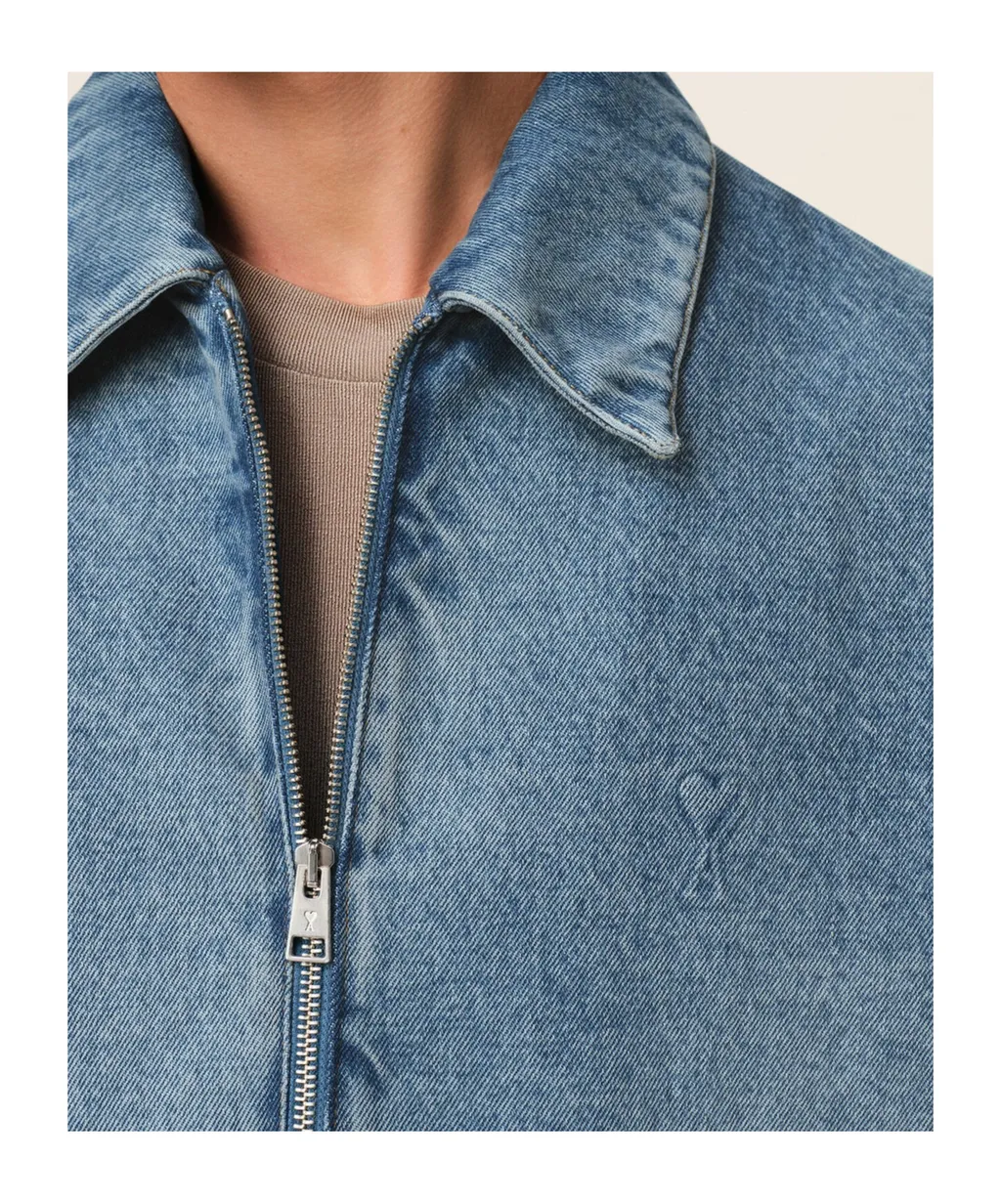 Ami Paris Logo Embossed Zip-Up Denim Jacket