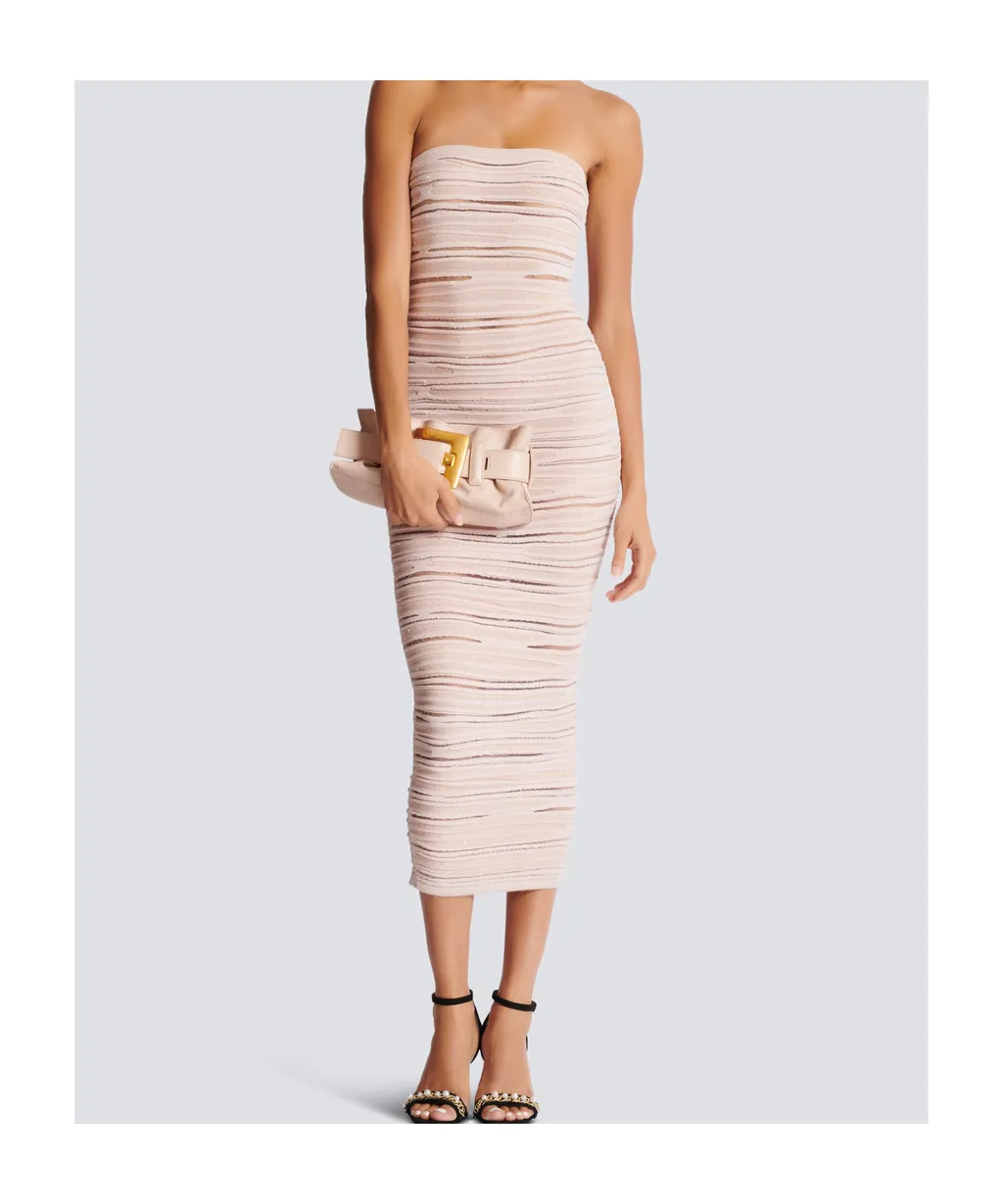 Balmain Shiny Rolled Knit Strapless Midi Dress