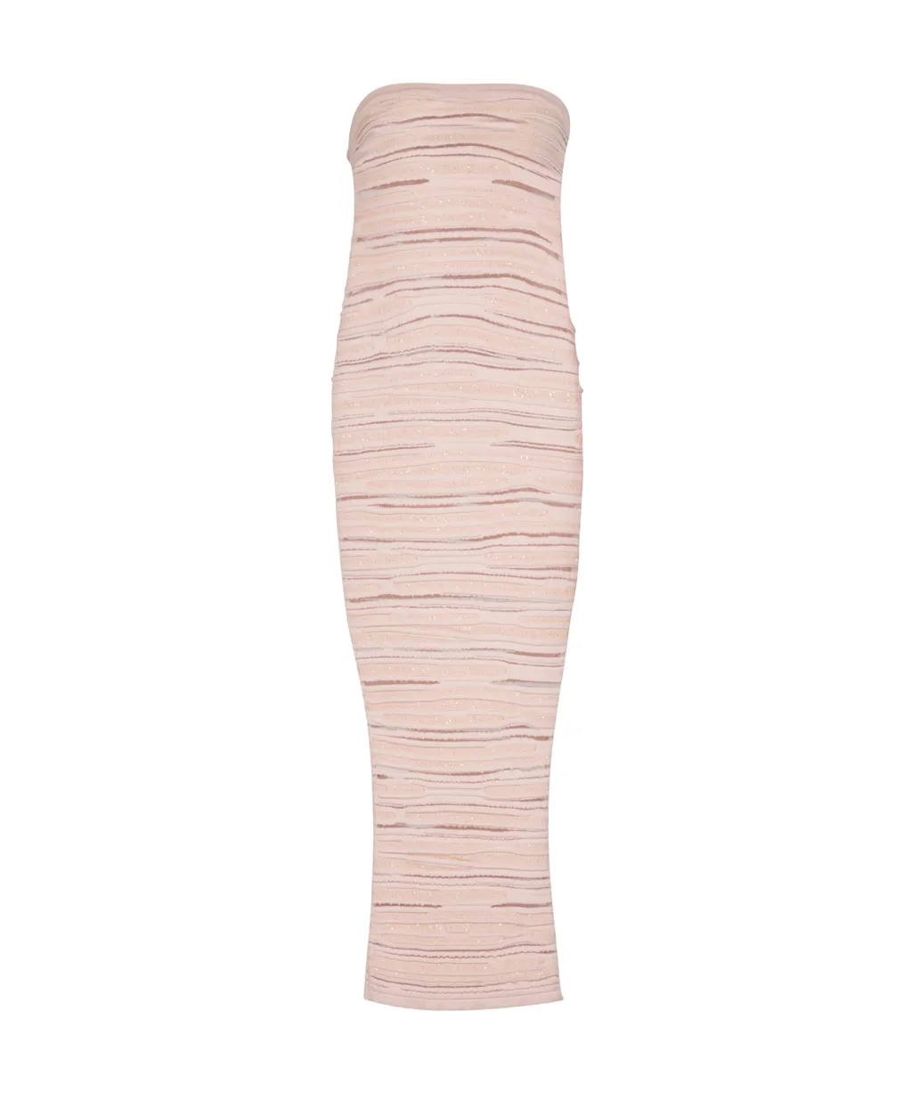 Balmain Shiny Rolled Knit Strapless Midi Dress