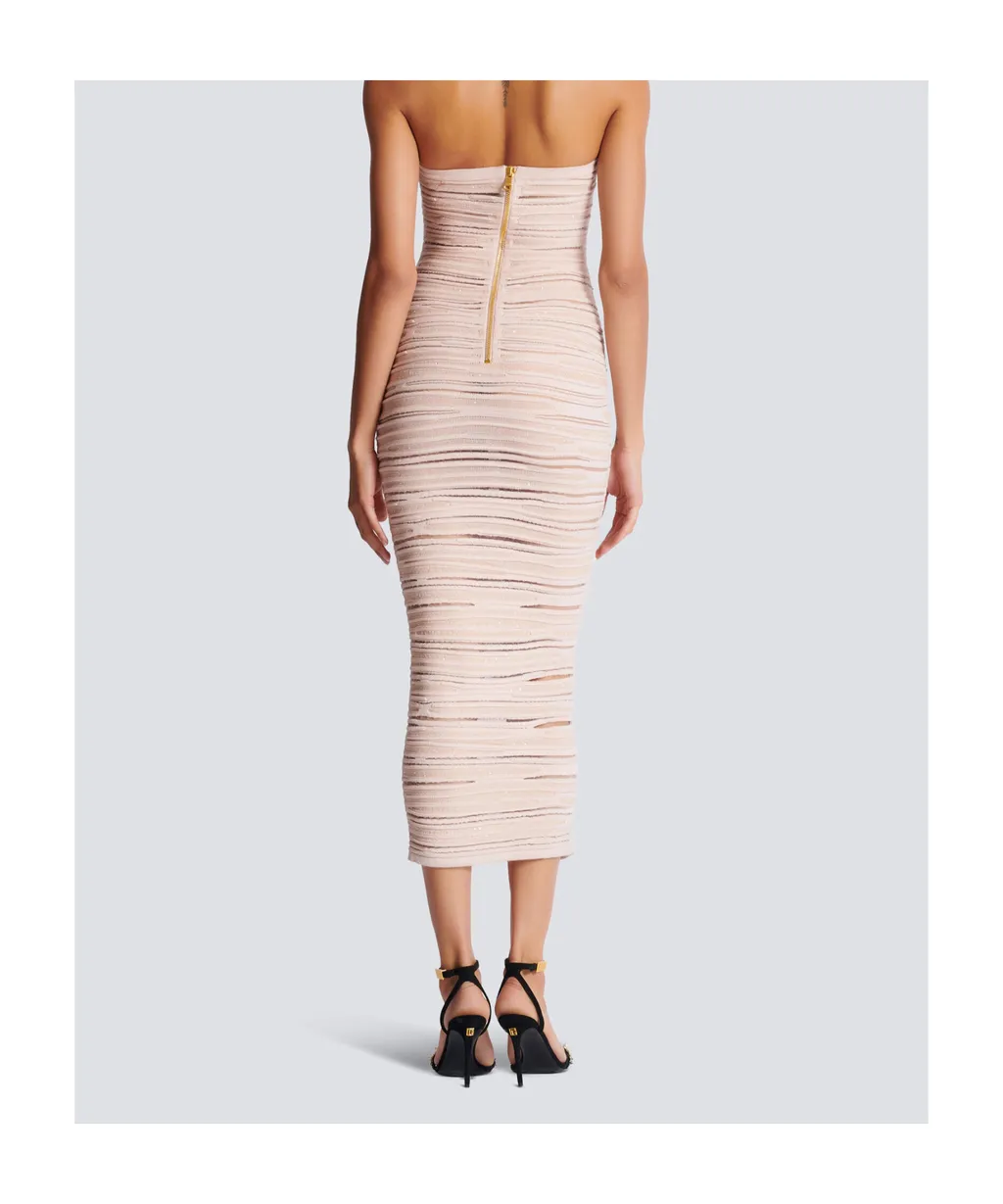 Balmain Shiny Rolled Knit Strapless Midi Dress