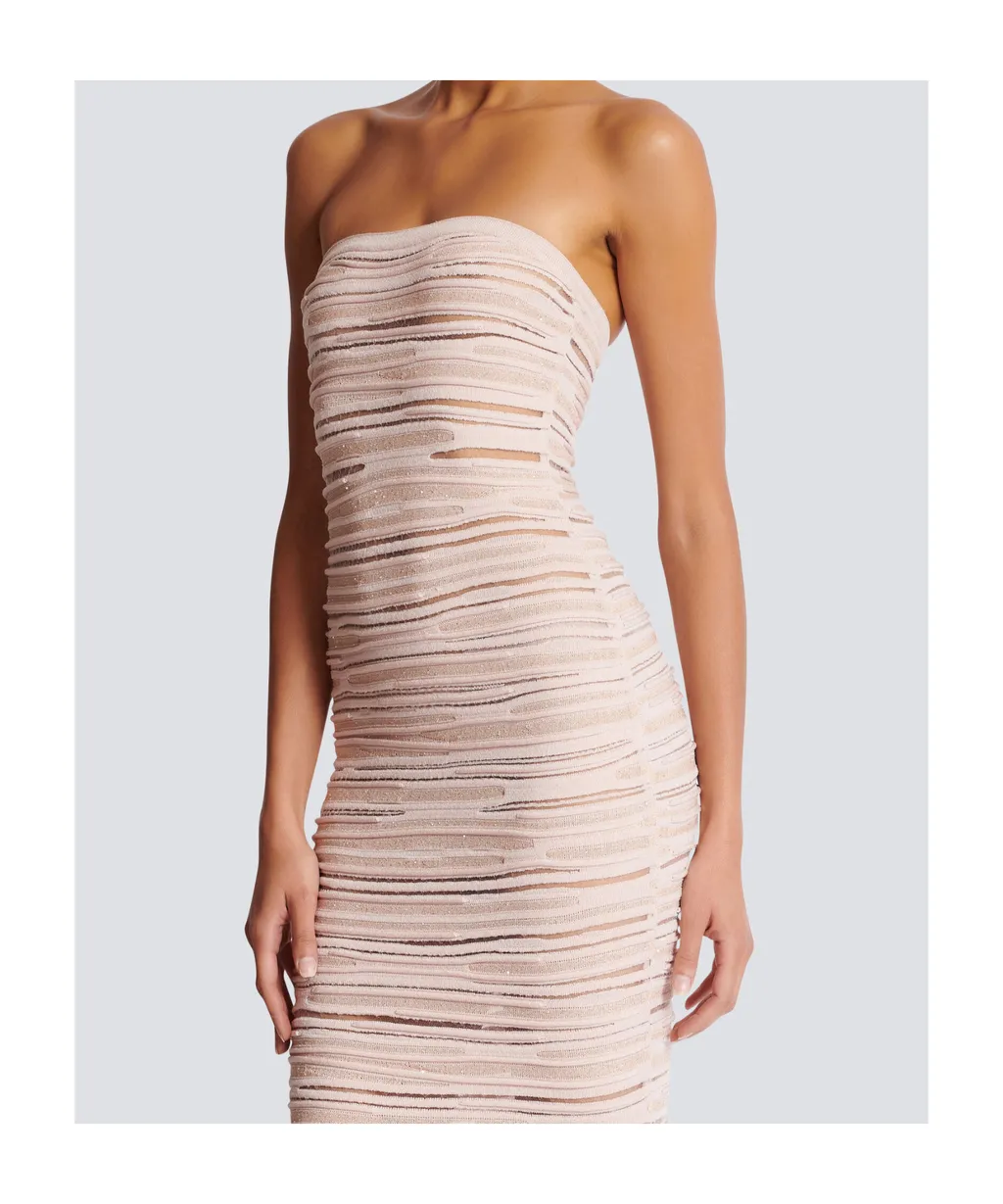 Balmain Shiny Rolled Knit Strapless Midi Dress