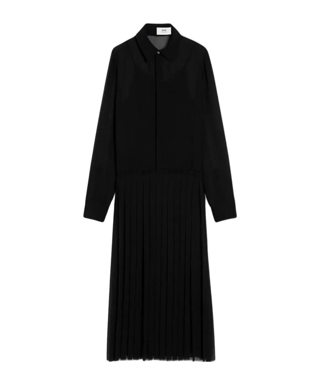 Ami Paris Long-Sleeved Pleated Midi Dress