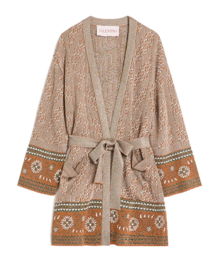 Valentino Jacquard Belted Drop-Shoulder Cardigan