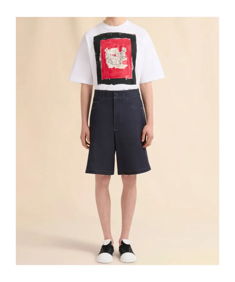 Deep Blue Stretch Denim Trompe L'oeil Bermuda Shorts