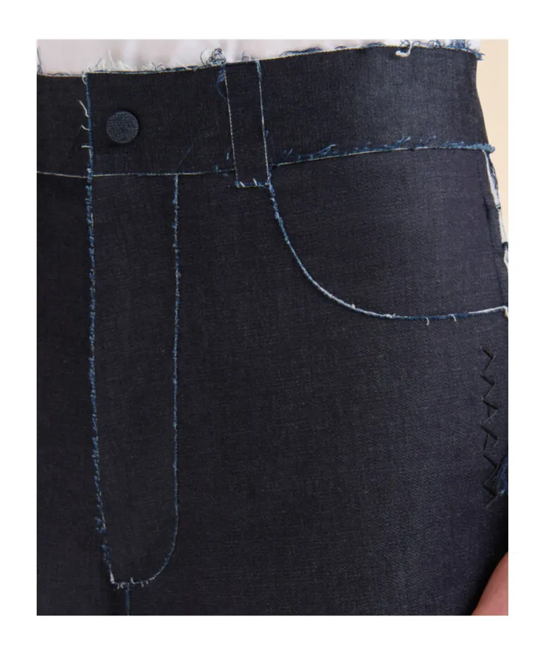 Deep Blue Stretch Denim Trompe L'oeil Bermuda Shorts