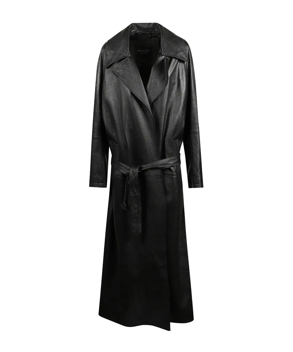 Long-Sleeved Leather Trench Coat