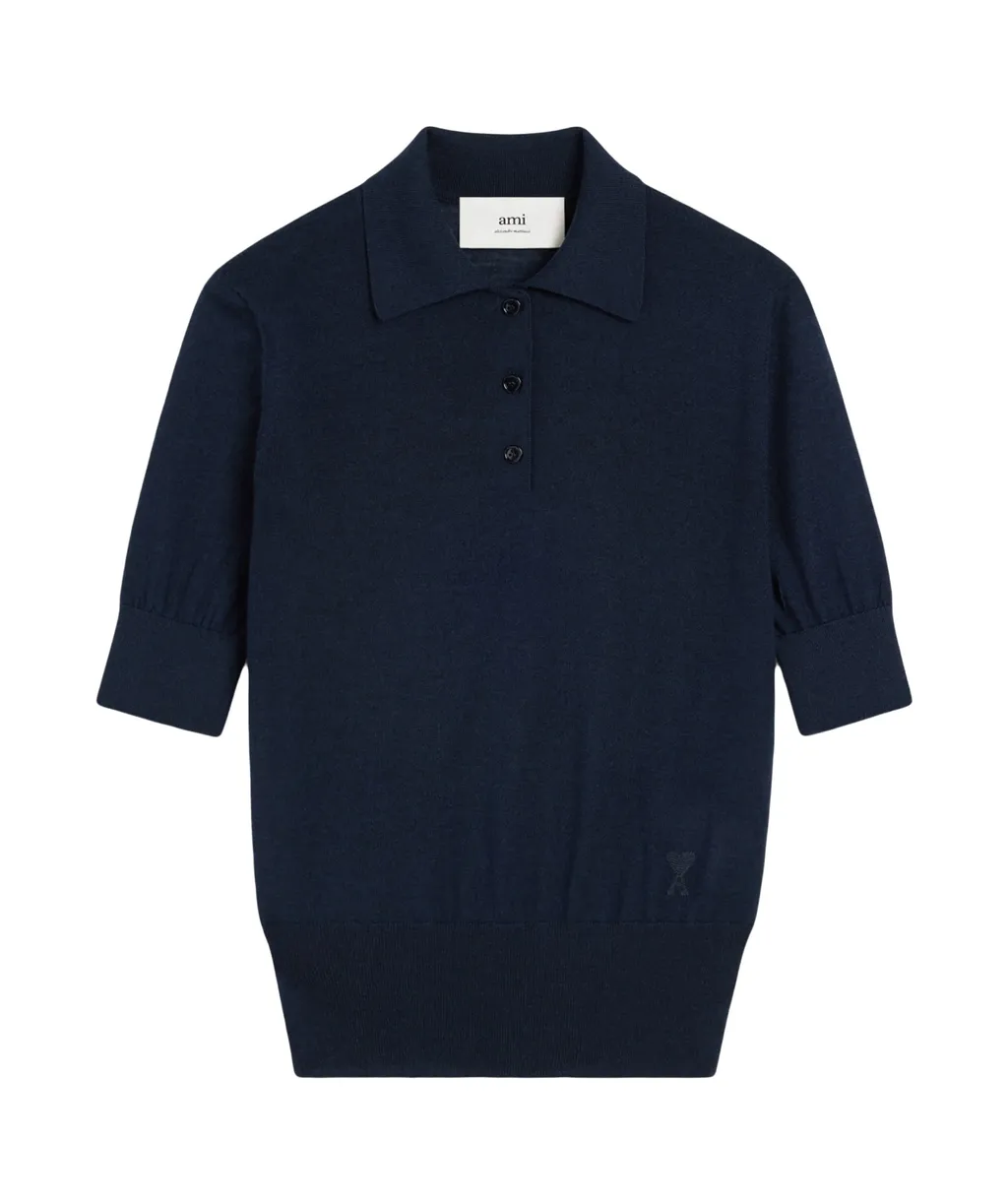 Ami Paris Ami De Coeur Fine Knit Polo Top