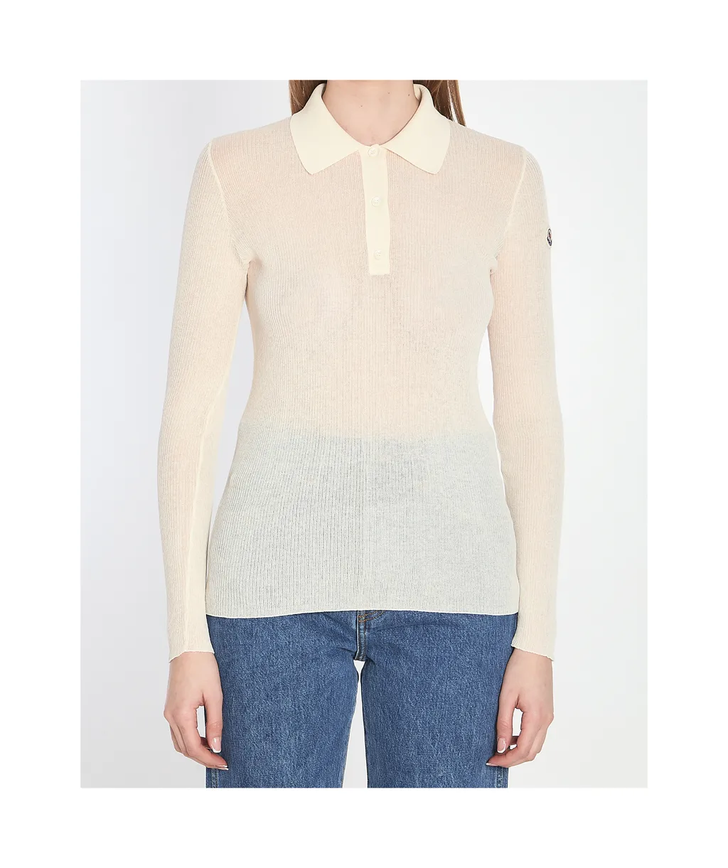 Moncler Long-Sleeved Fine Ribbed Polo Top