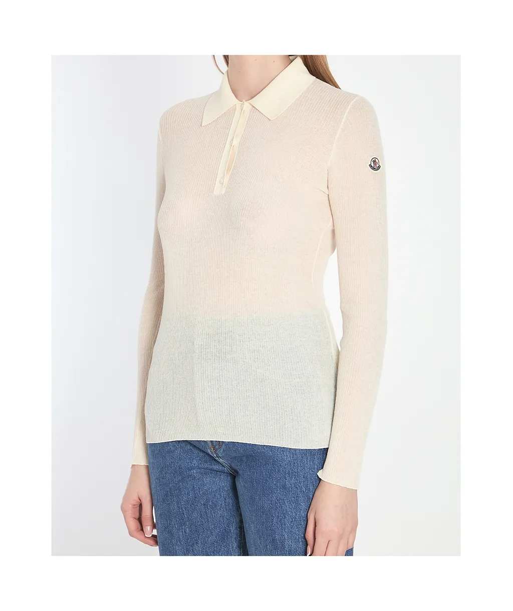Moncler Long-Sleeved Fine Ribbed Polo Top