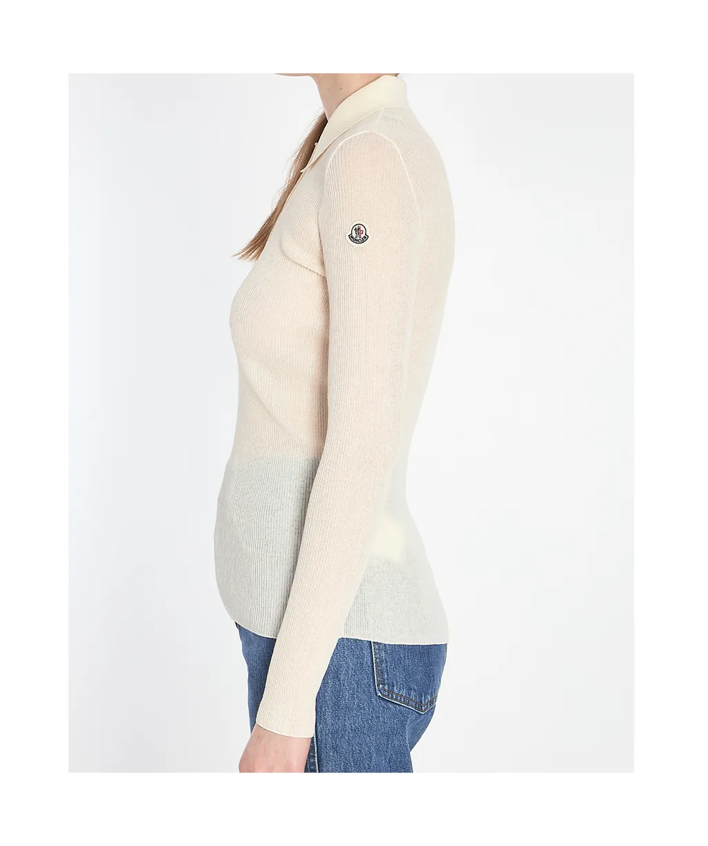 Moncler Long-Sleeved Fine Ribbed Polo Top
