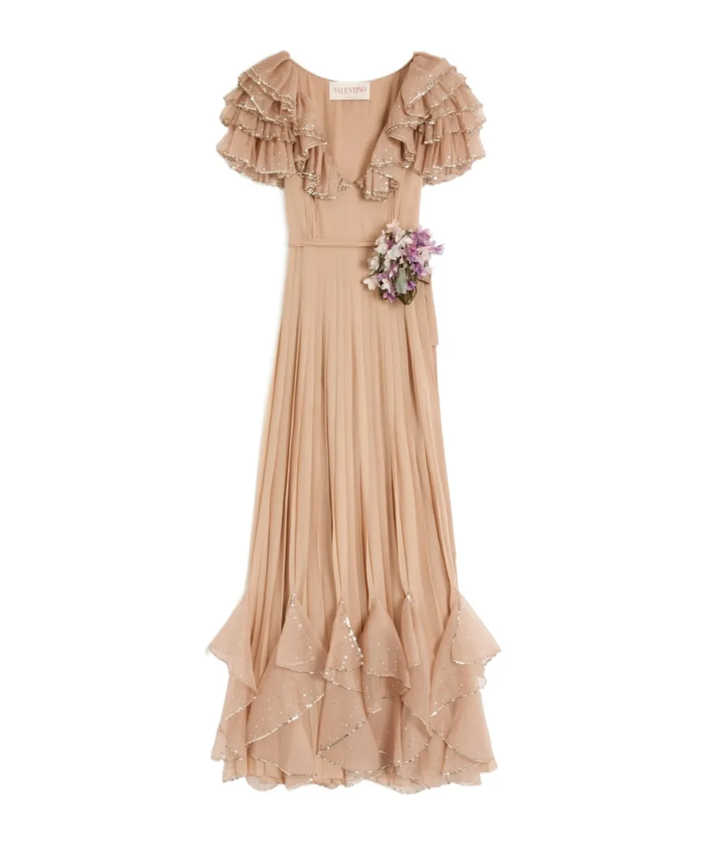 Valentino Floral Embellished Ruffled V-Neck Dress
