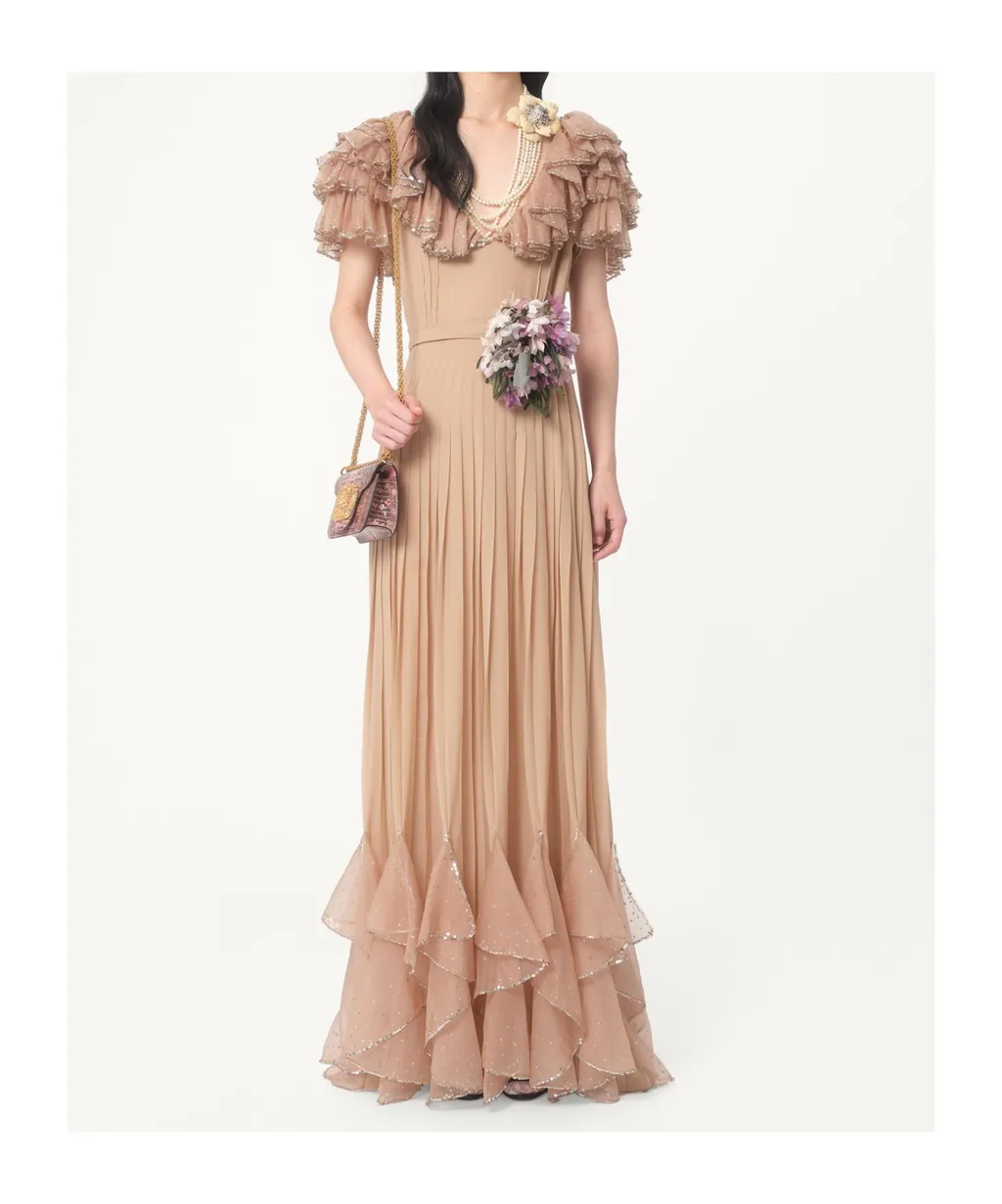 Valentino Floral Embellished Ruffled V-Neck Dress