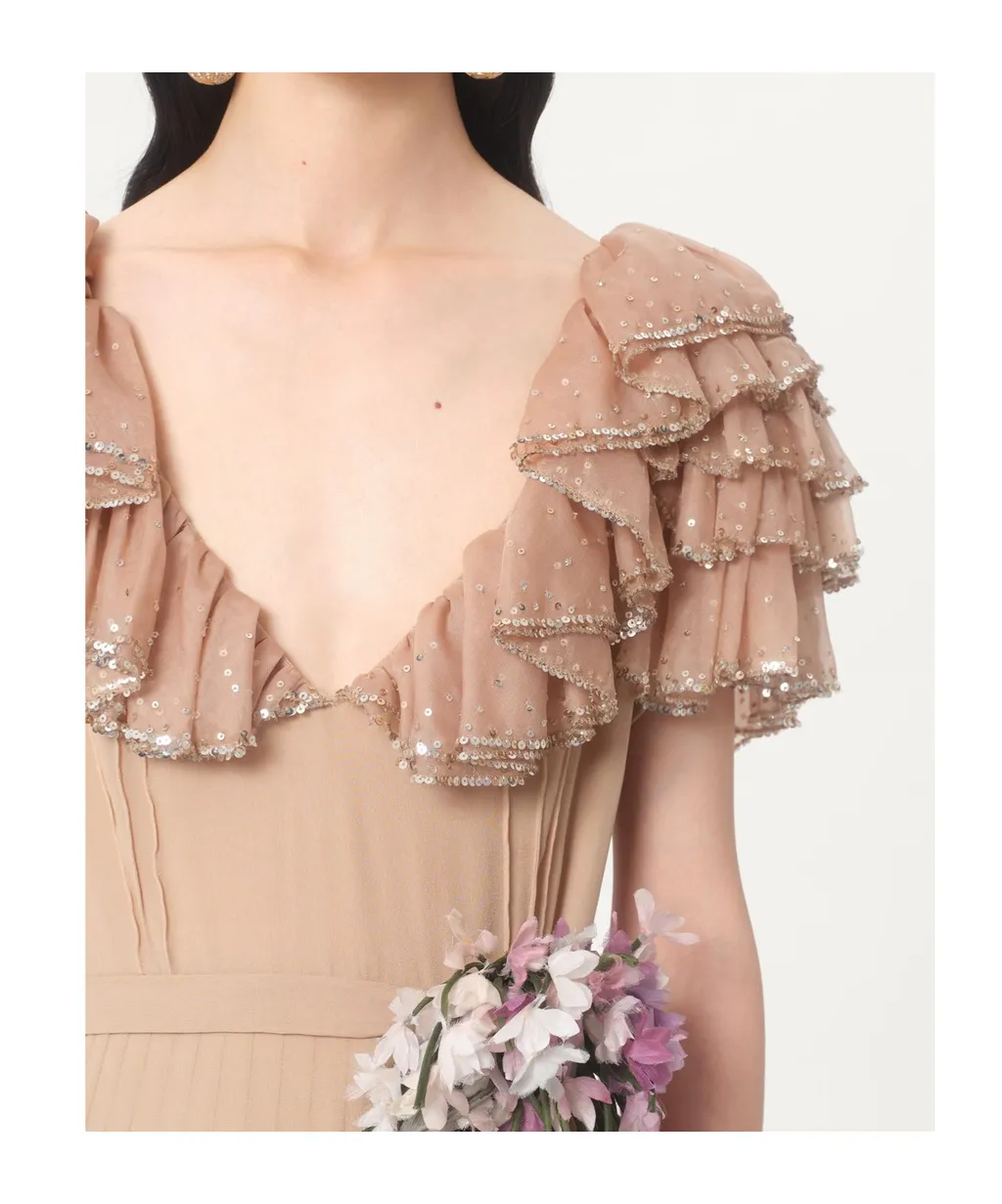 Valentino Floral Embellished Ruffled V-Neck Dress