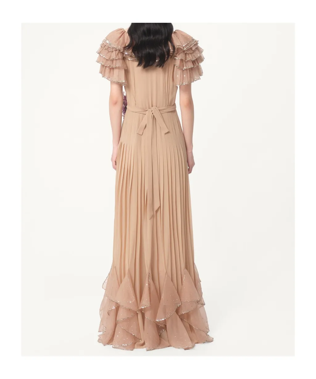 Valentino Floral Embellished Ruffled V-Neck Dress