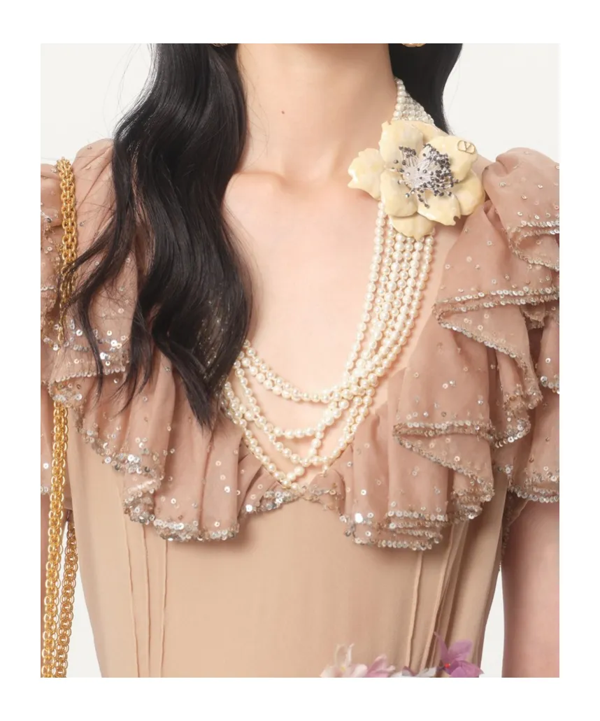 Valentino Floral Embellished Ruffled V-Neck Dress