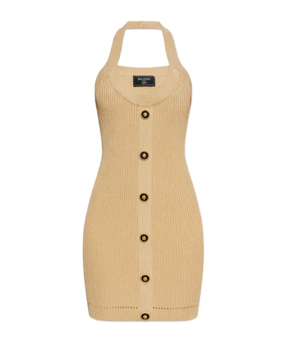 Balmain Halterneck Ribbed Knit Mini Dress