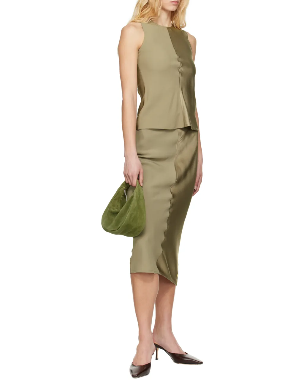 Ami Satin Unlined Midi Skirt