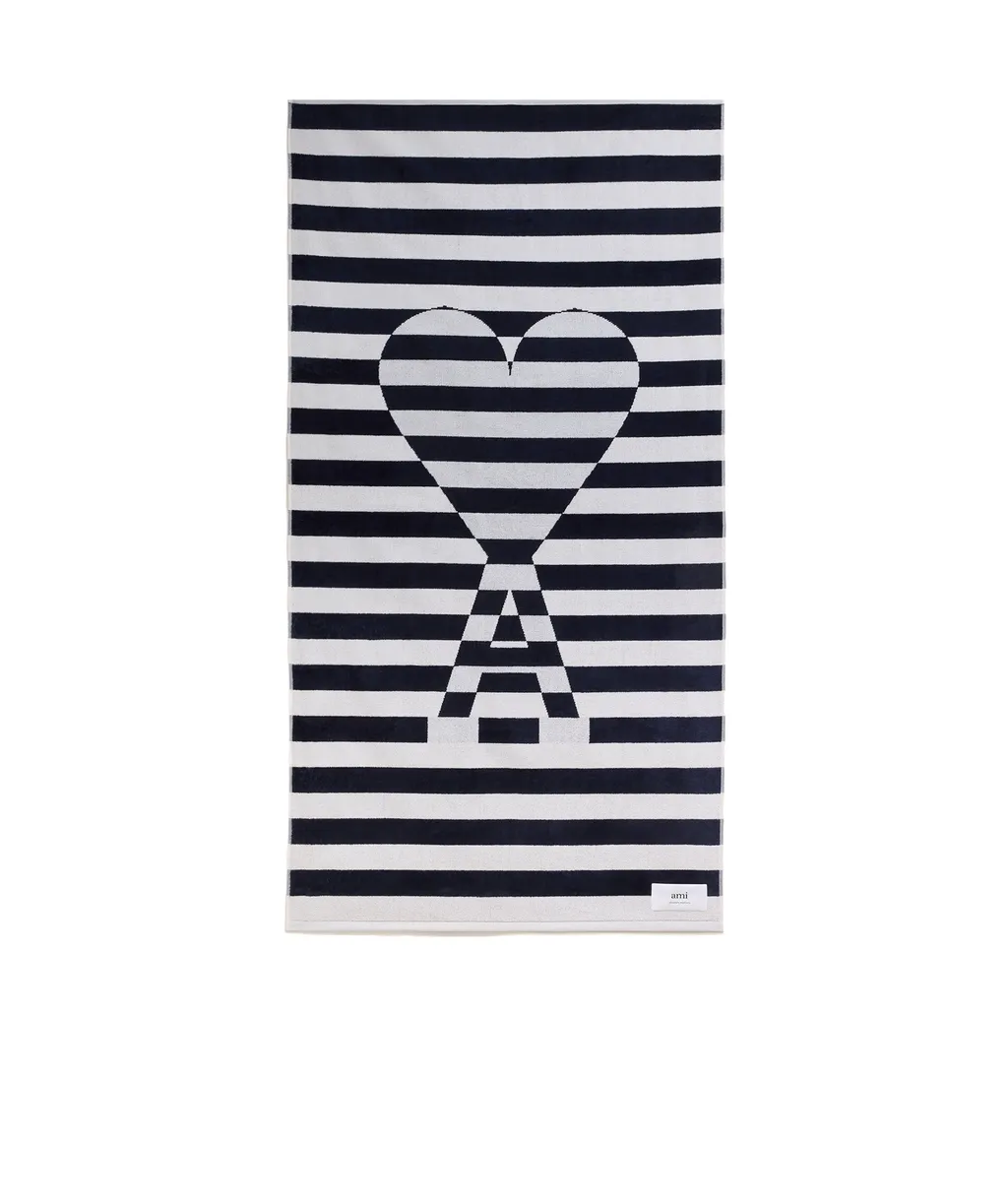 Ami Paris Ami De Coeur Logo Patch Striped Beach Towel