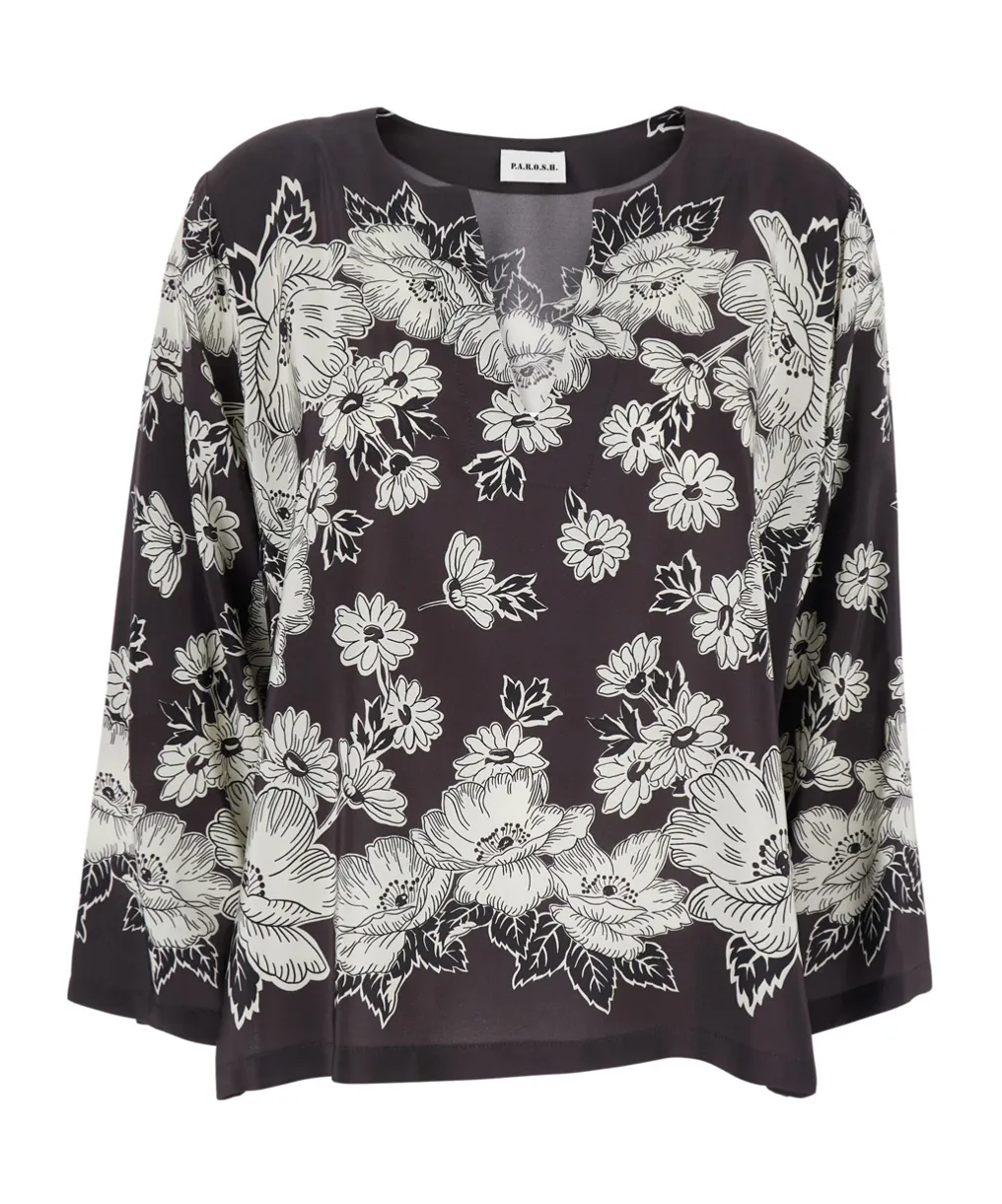 P.A.R.O.S.H. Floral Print V-Neck Blouse