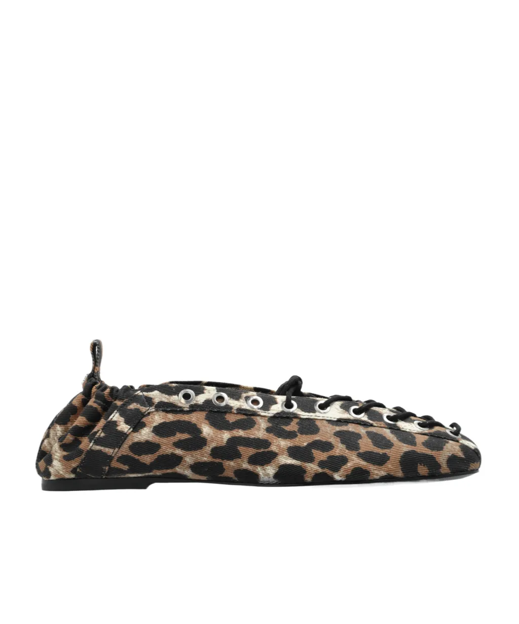 Leopard Printed Denim Lace-Up Ballerinas