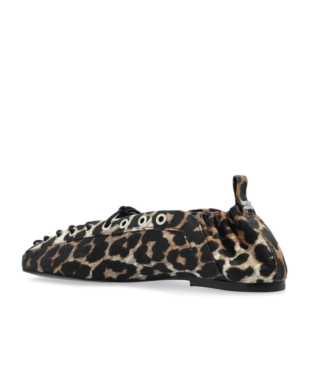 Leopard Printed Denim Lace-Up Ballerinas