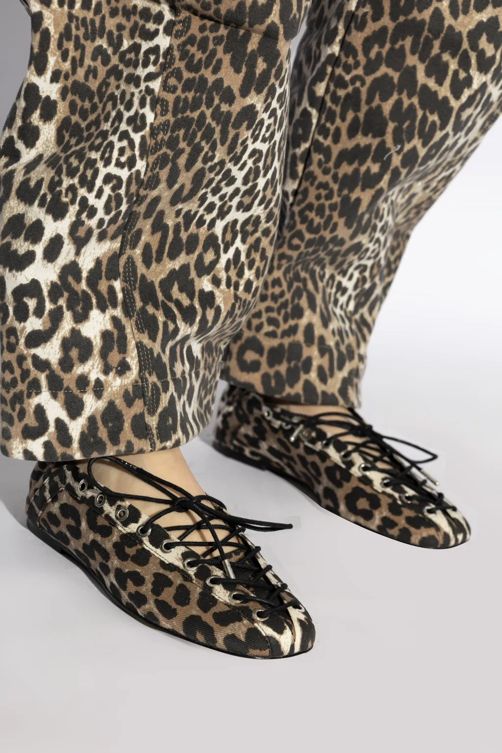 Leopard Printed Denim Lace-Up Ballerinas