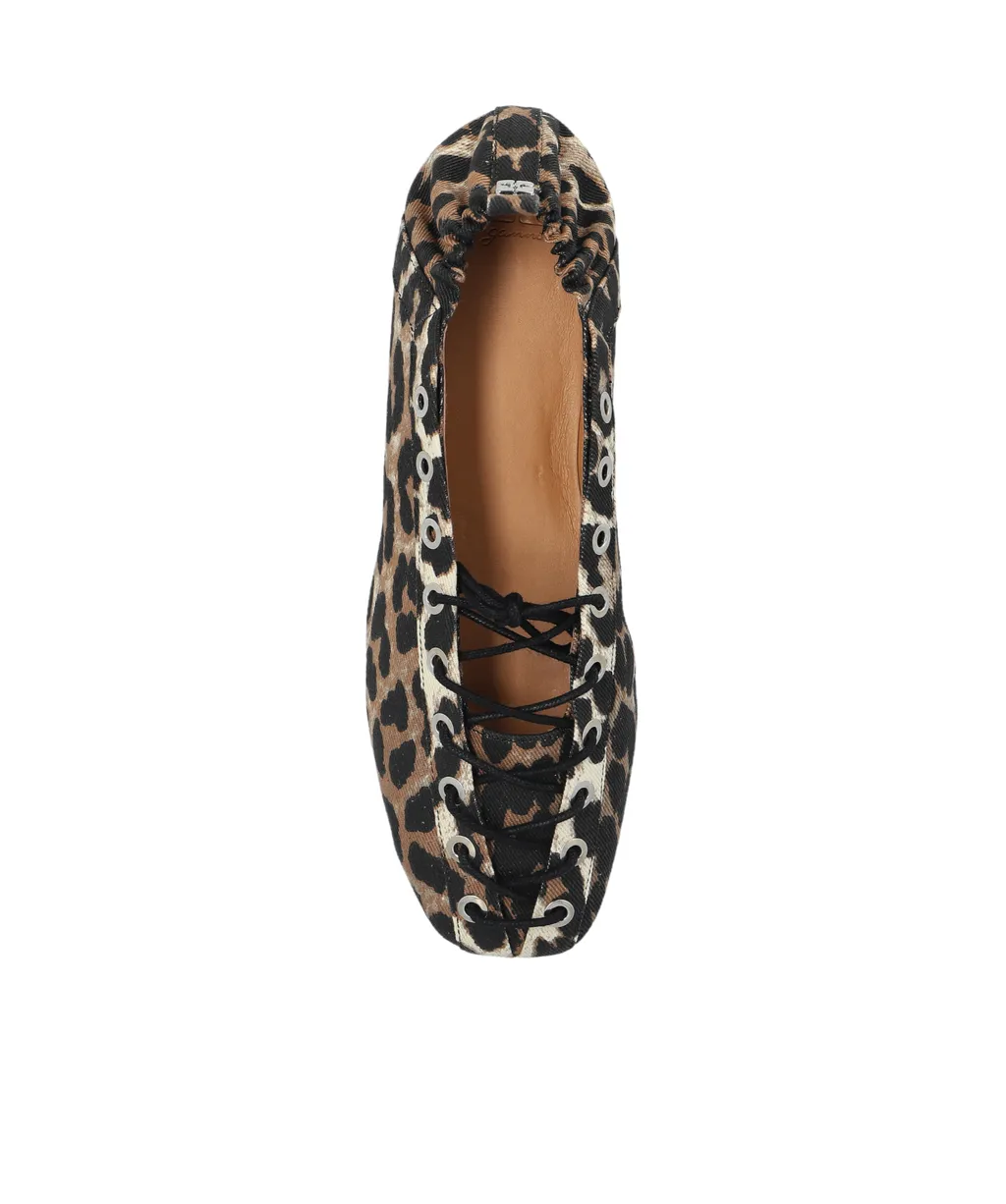 Leopard Printed Denim Lace-Up Ballerinas