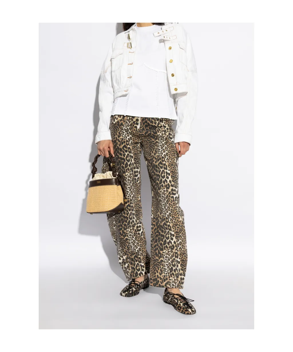 Leopard Printed Denim Lace-Up Ballerinas