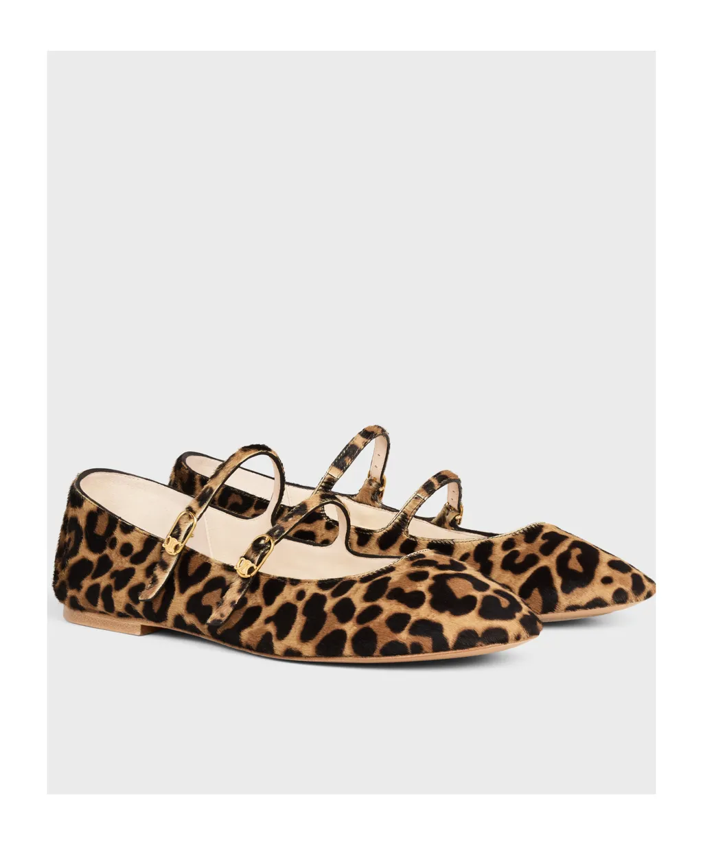 Les Ballerines Celine Double Strap Ballerina In Leopard Printed Hairy Calfskin