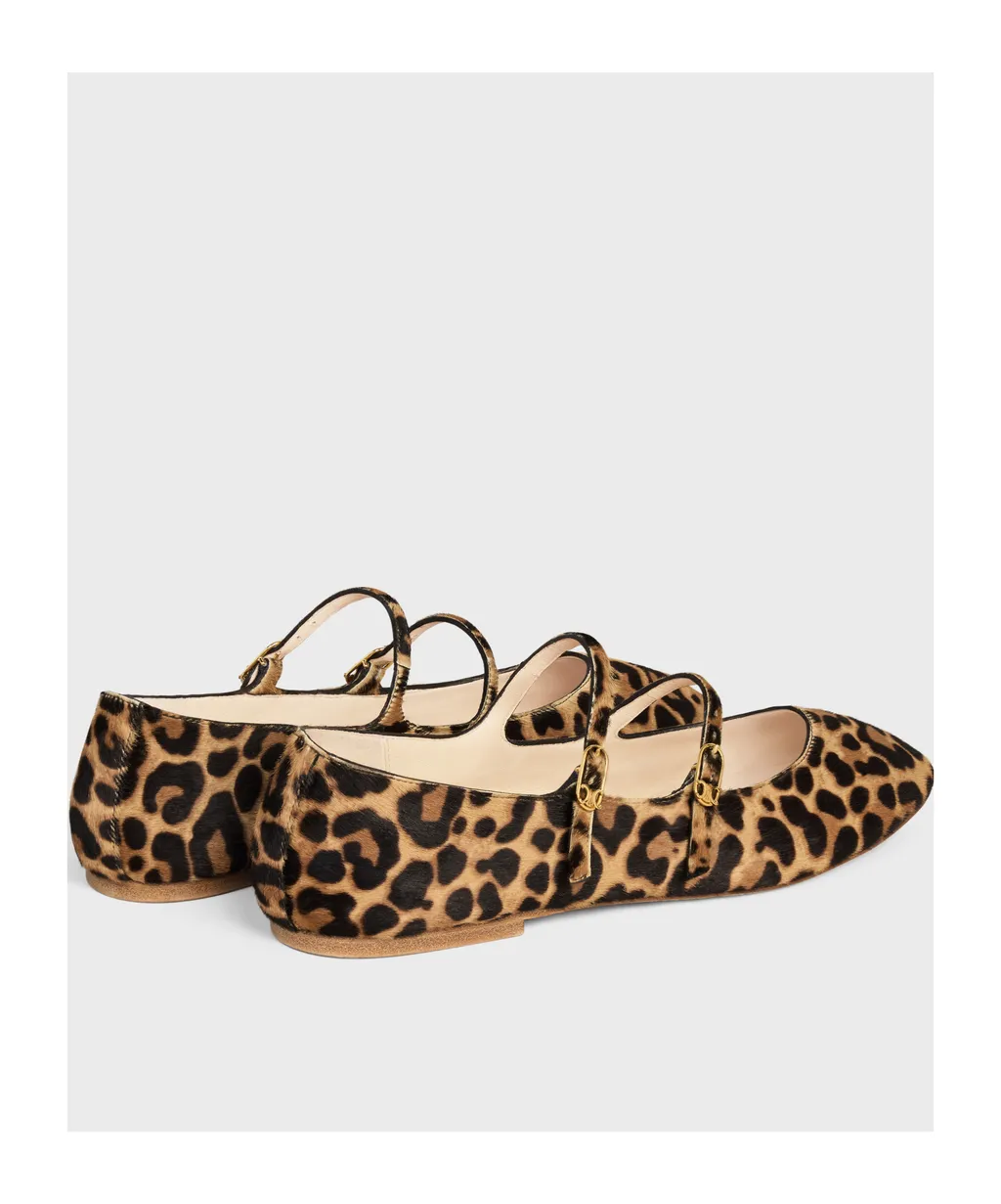 Les Ballerines Celine Double Strap Ballerina In Leopard Printed Hairy Calfskin
