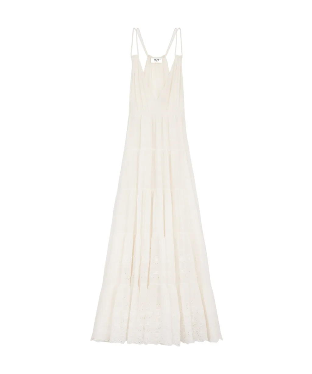 Embroidered Long Dress In Cotton Silk Crepon