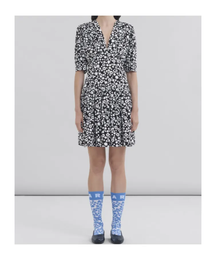 Black And White Short Satin Dress With Pop Fields Motif