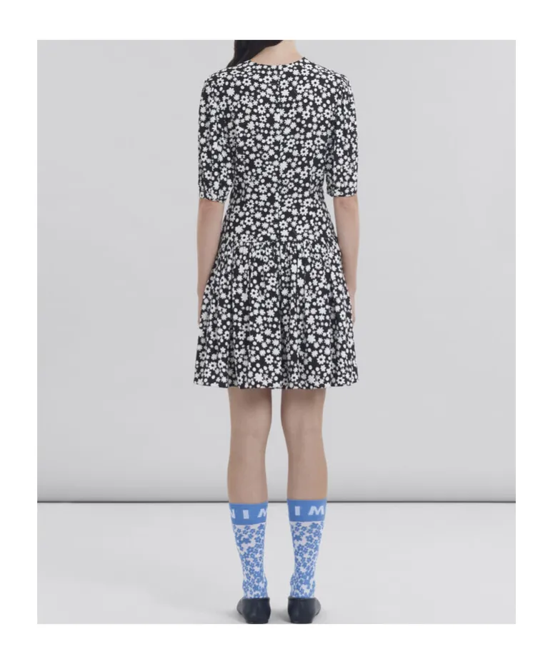 Black And White Short Satin Dress With Pop Fields Motif