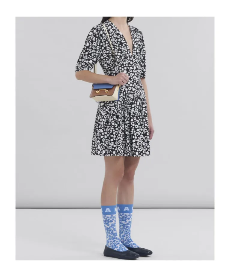 Black And White Short Satin Dress With Pop Fields Motif