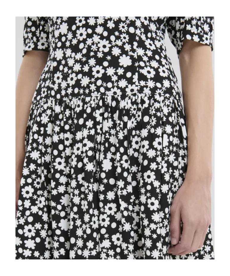 Black And White Short Satin Dress With Pop Fields Motif