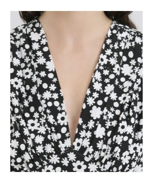 Black And White Short Satin Dress With Pop Fields Motif