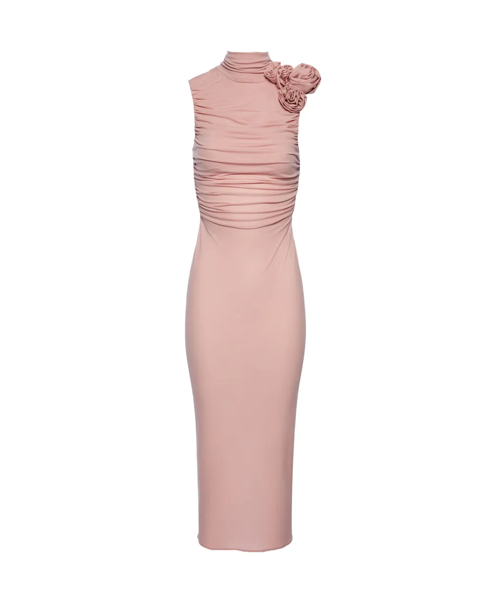 Ruched Mock-Neck Midi Dress