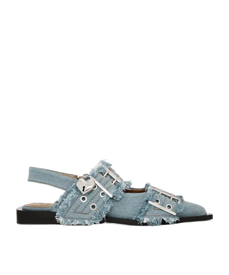 Ganni Feminine Slingback Denim Flat Shoes