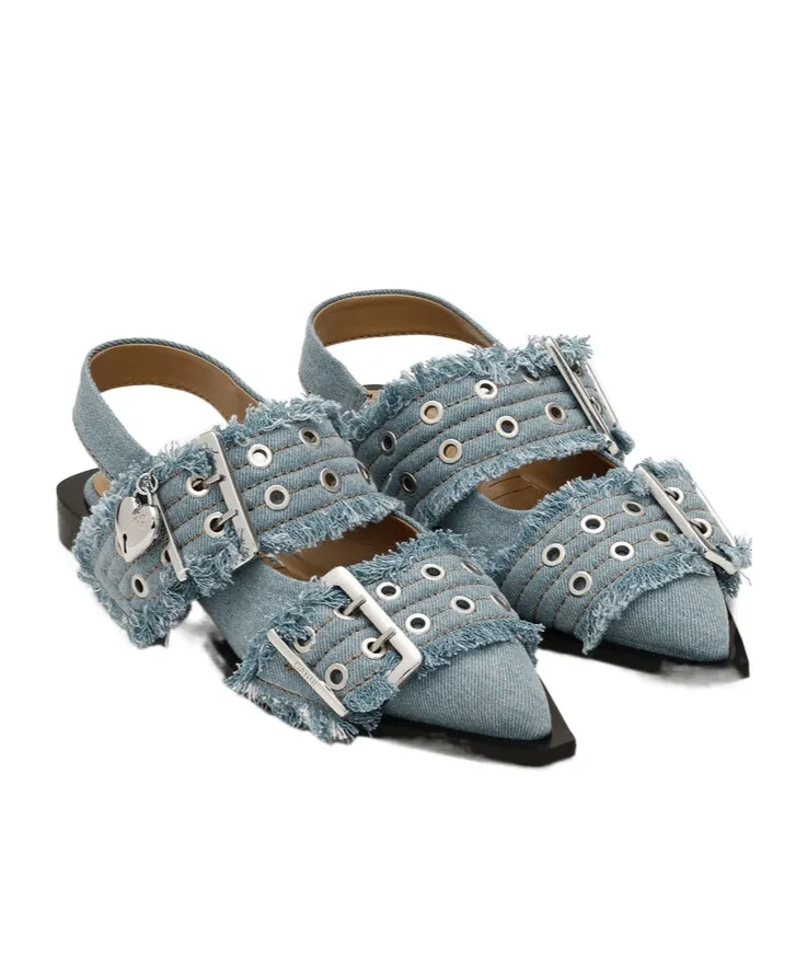 Ganni Feminine Slingback Denim Flat Shoes