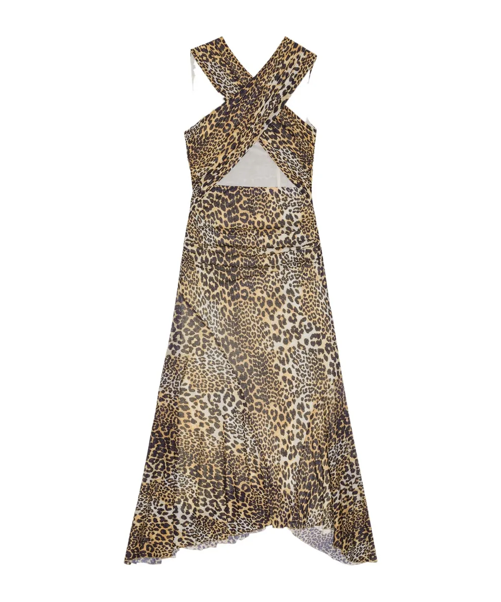 Ganni Leopard Ruched V-Neck Dress
