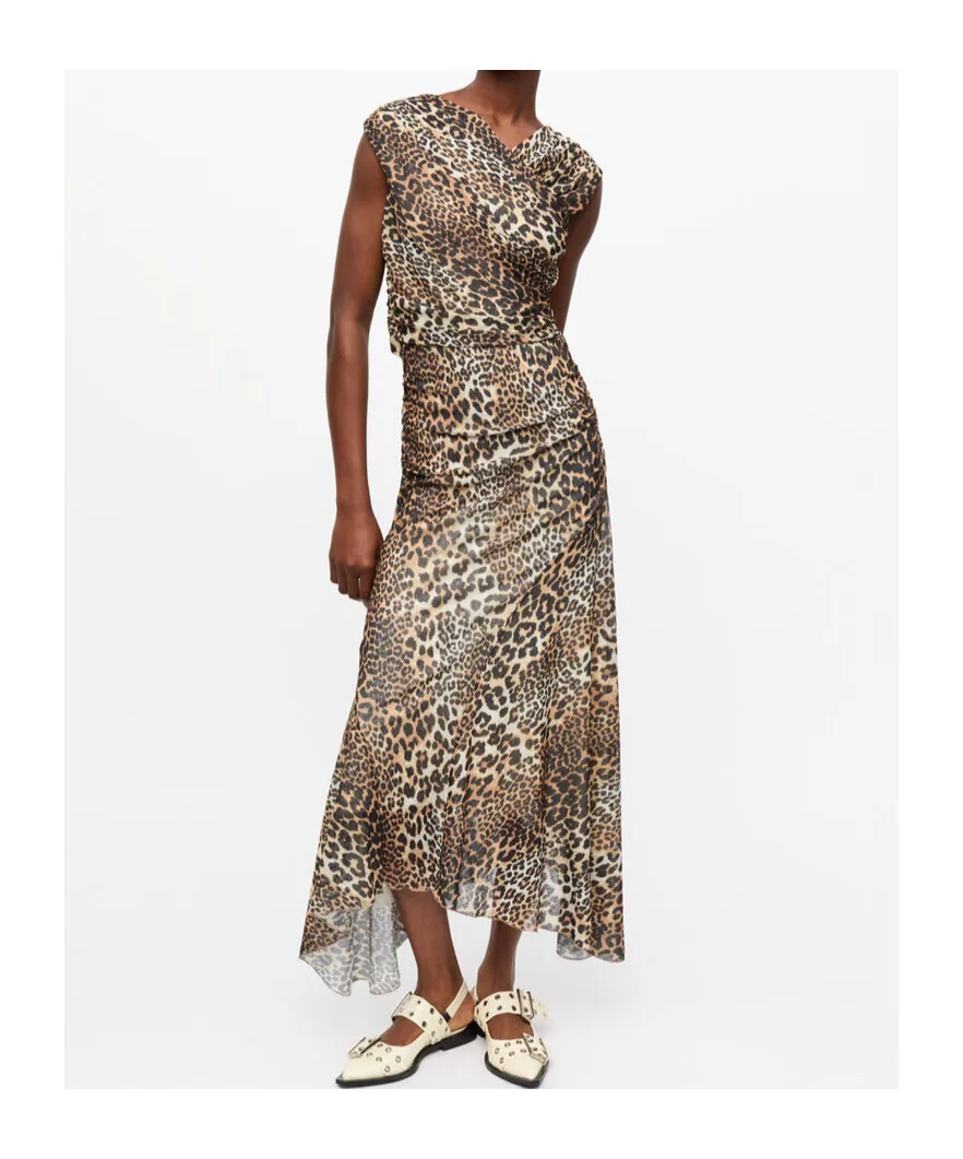 Ganni Leopard Ruched V-Neck Dress