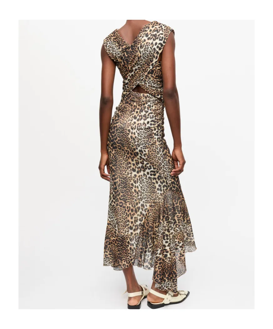 Ganni Leopard Ruched V-Neck Dress