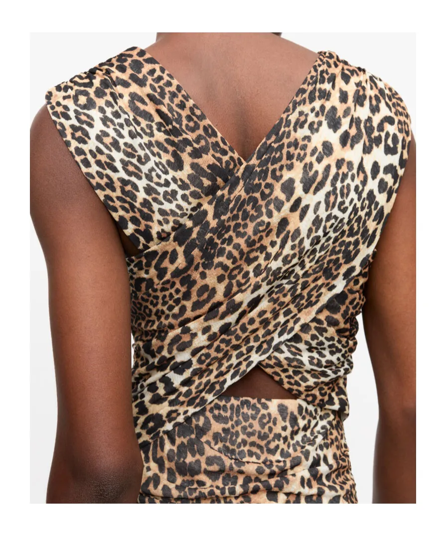 Ganni Leopard Ruched V-Neck Dress