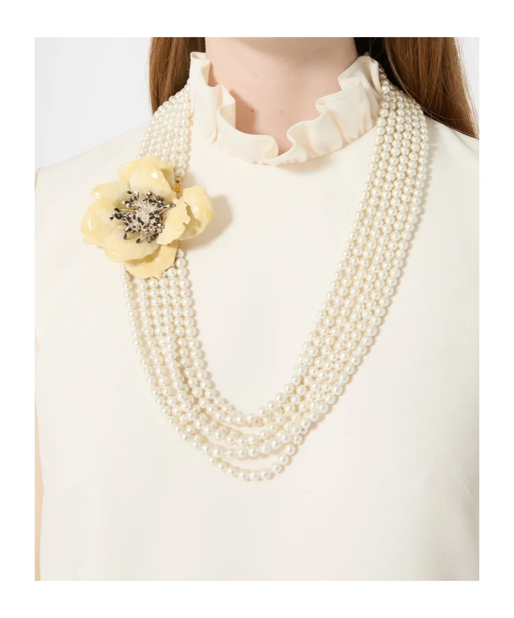 Fleur Lumineuse Necklace In Metal, Enamel, Pearls And Fabric