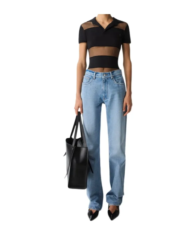 Coperni Short-Sleeved Striped Sheer Polo Top