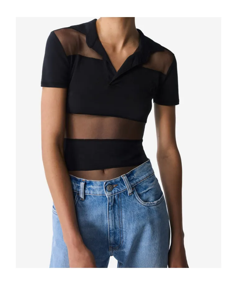Coperni Short-Sleeved Striped Sheer Polo Top